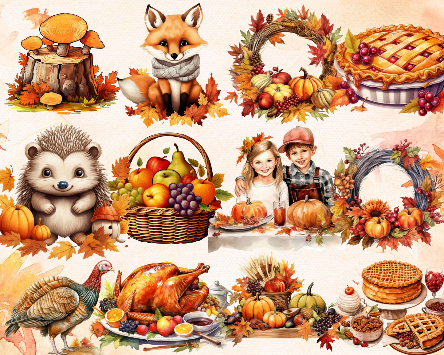 300+ PNG Watercolor Autumn Clipart Mega Bundle, Fall Season Illustrations for Sublimation Printing