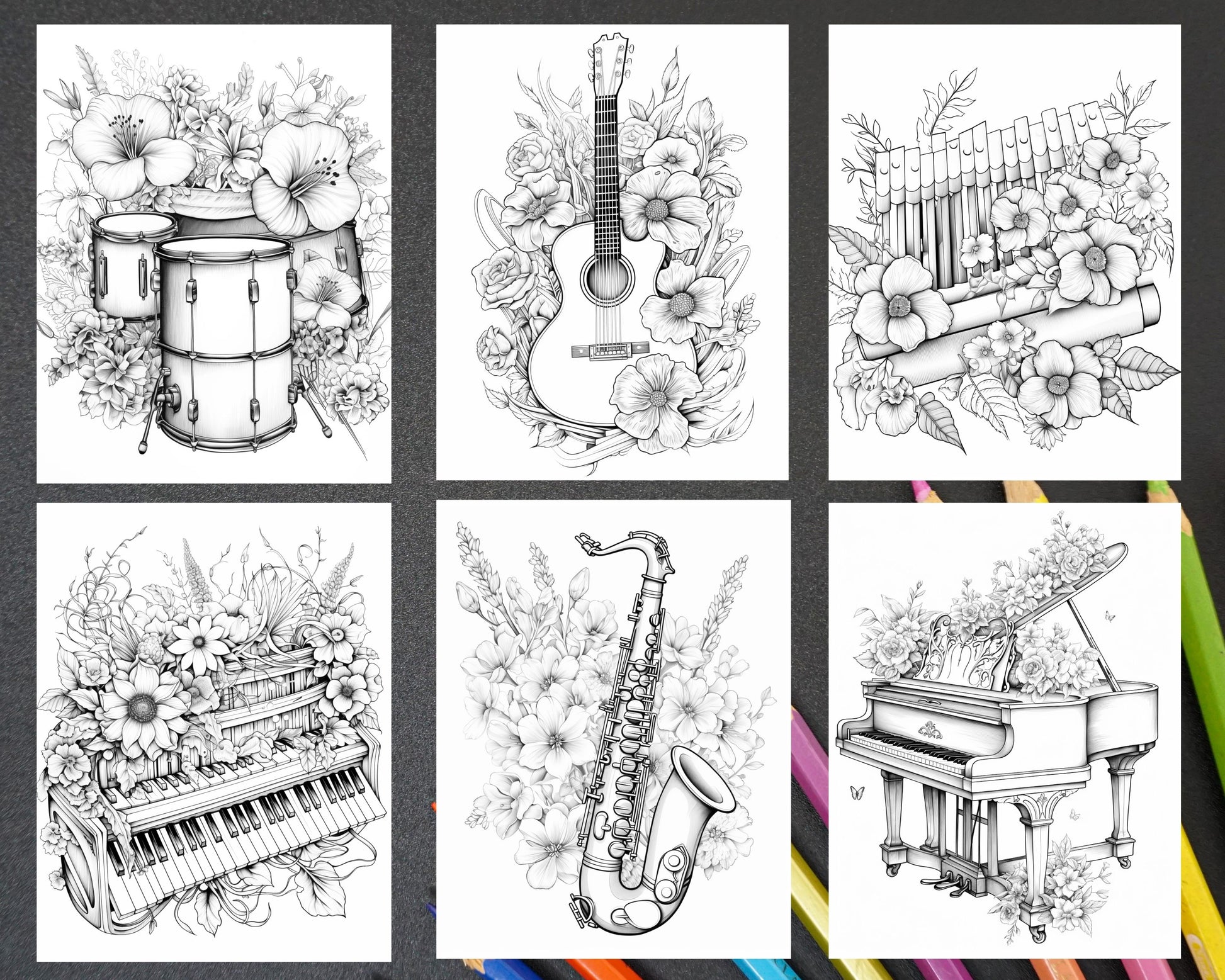grayscale coloring pages, printable for adults, musical instrument flower coloring, relaxing art therapy, creative coloring activity