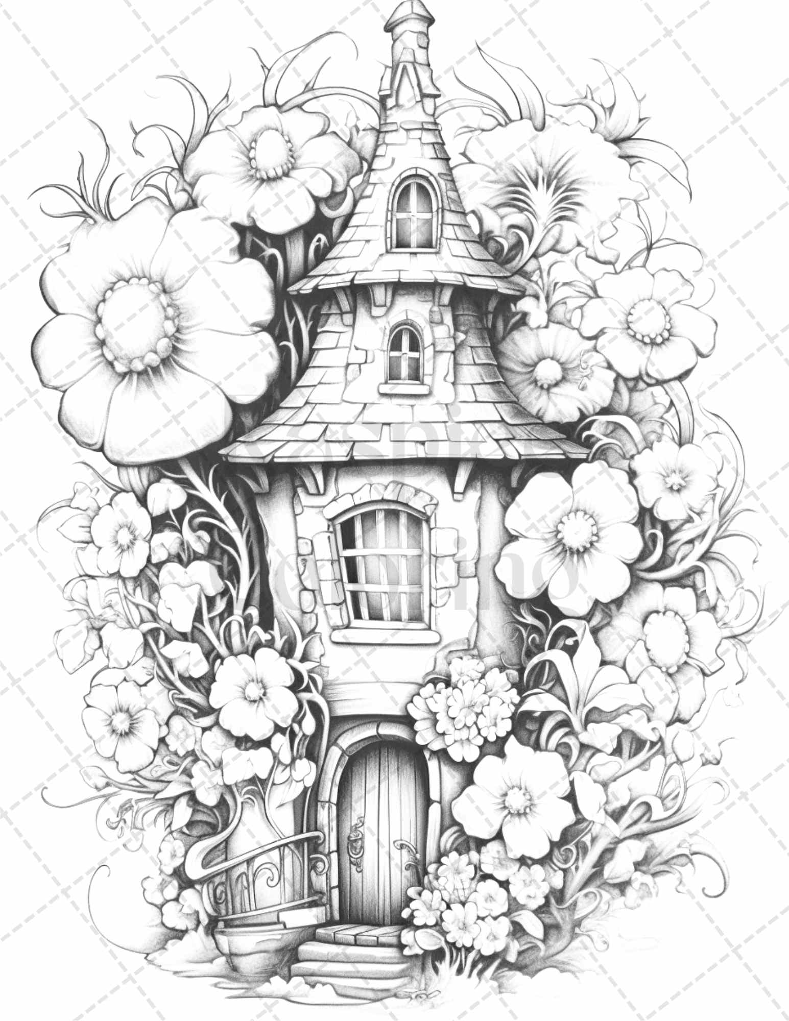 grayscale coloring pages, flower houses, printable for adults, adult coloring, floral coloring, stress relief, art therapy, home decor, wall art