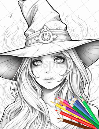 40 Cute Witches Coloring Pages Printable for Adults, Grayscale Colorin ...