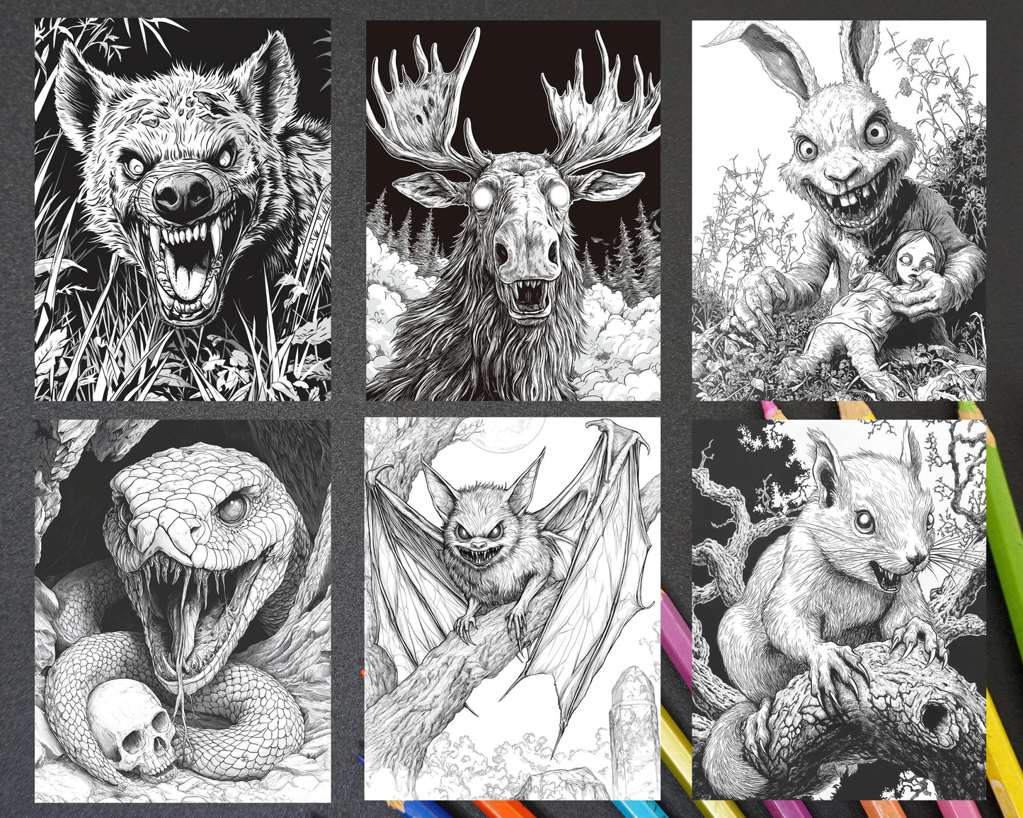 Horror Animals Halloween Adult Coloring Pages Printable PDF Instant Download