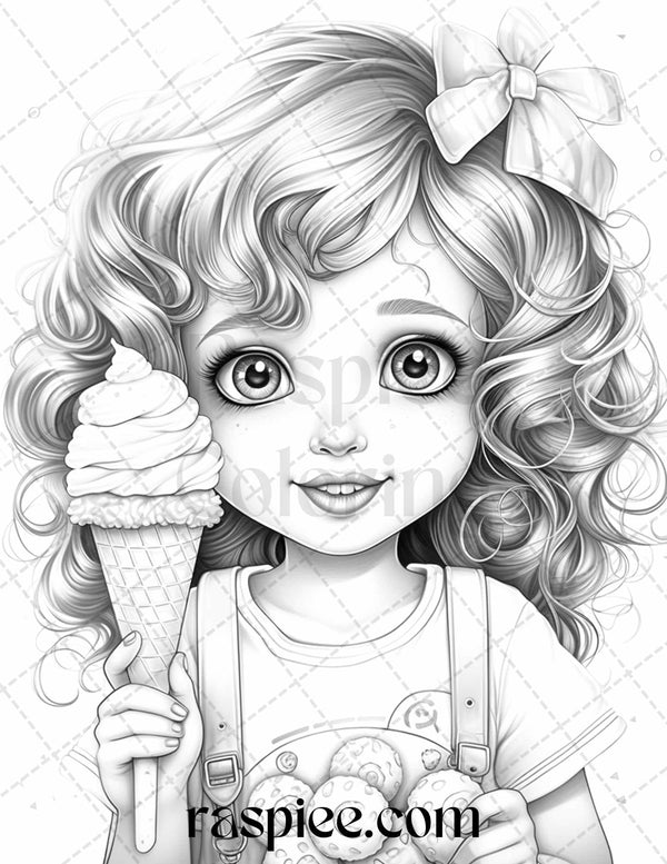 42 Adorable Girls with Ice Cream Grayscale Coloring Pages Printable fo