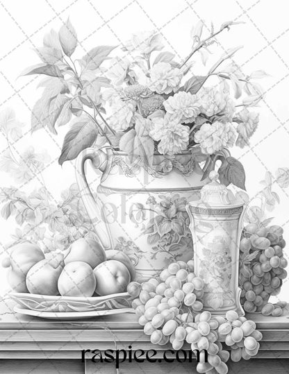 still life grayscale coloring pages, printable coloring pages for adults, grayscale art, stress relief coloring, black and white coloring, grayscale illustrations
