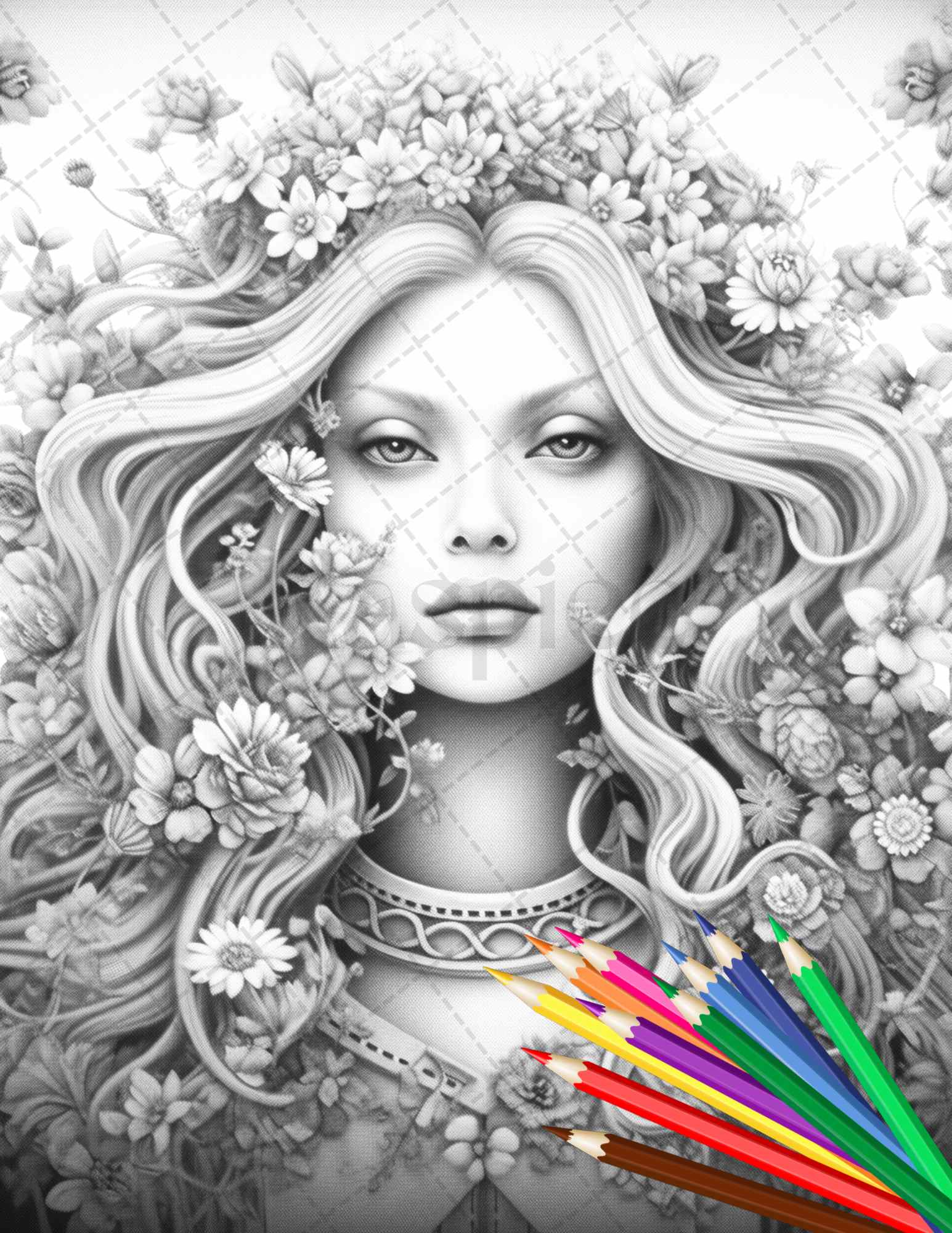 38 Flower Goddess Coloring Pages Printable For Adults Grayscale Color