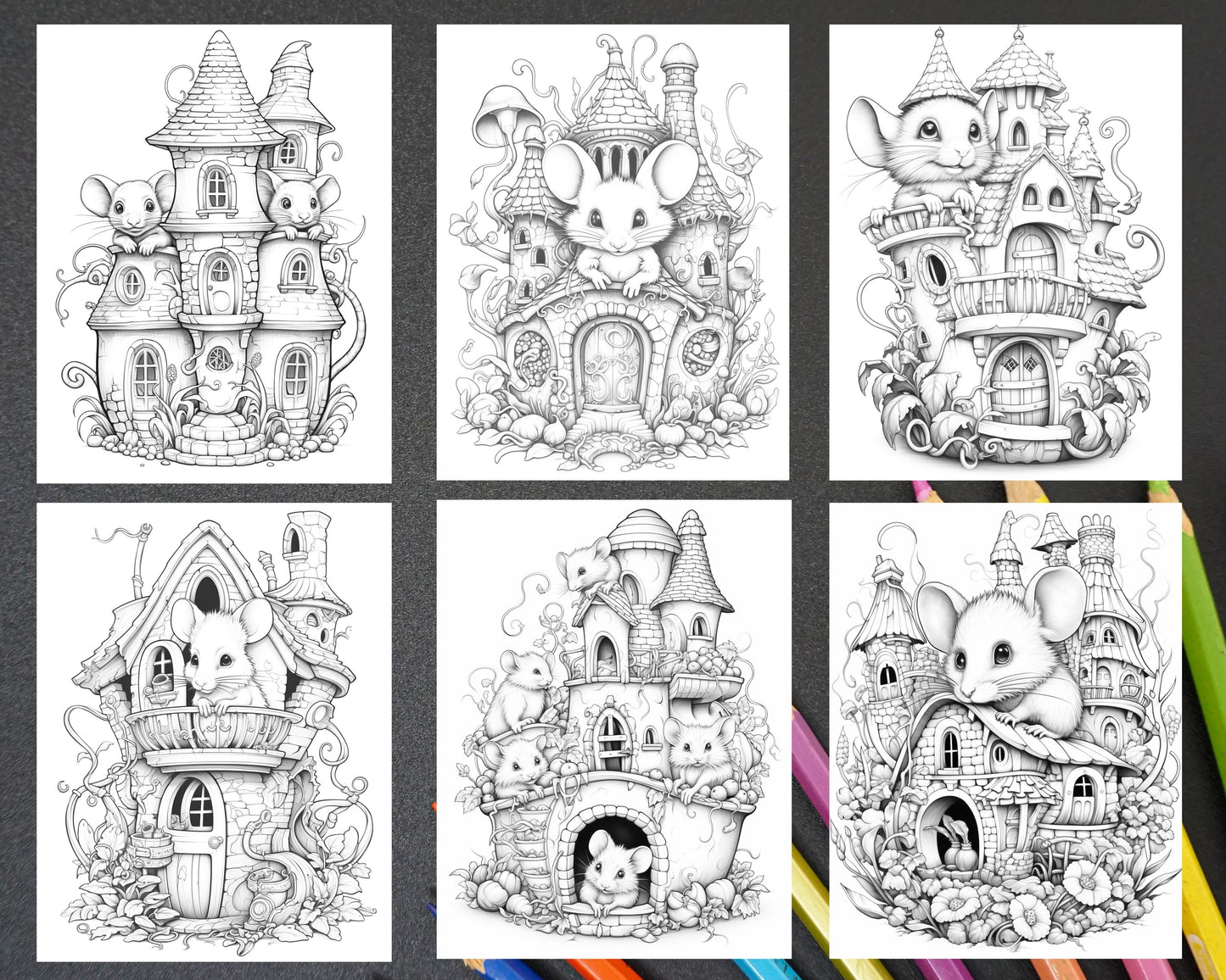 Magical Mouse Houses Grayscale Coloring Pages Printable for Adults, Animal Coloring Pages for Adults, Cute Mouse Coloring Pages