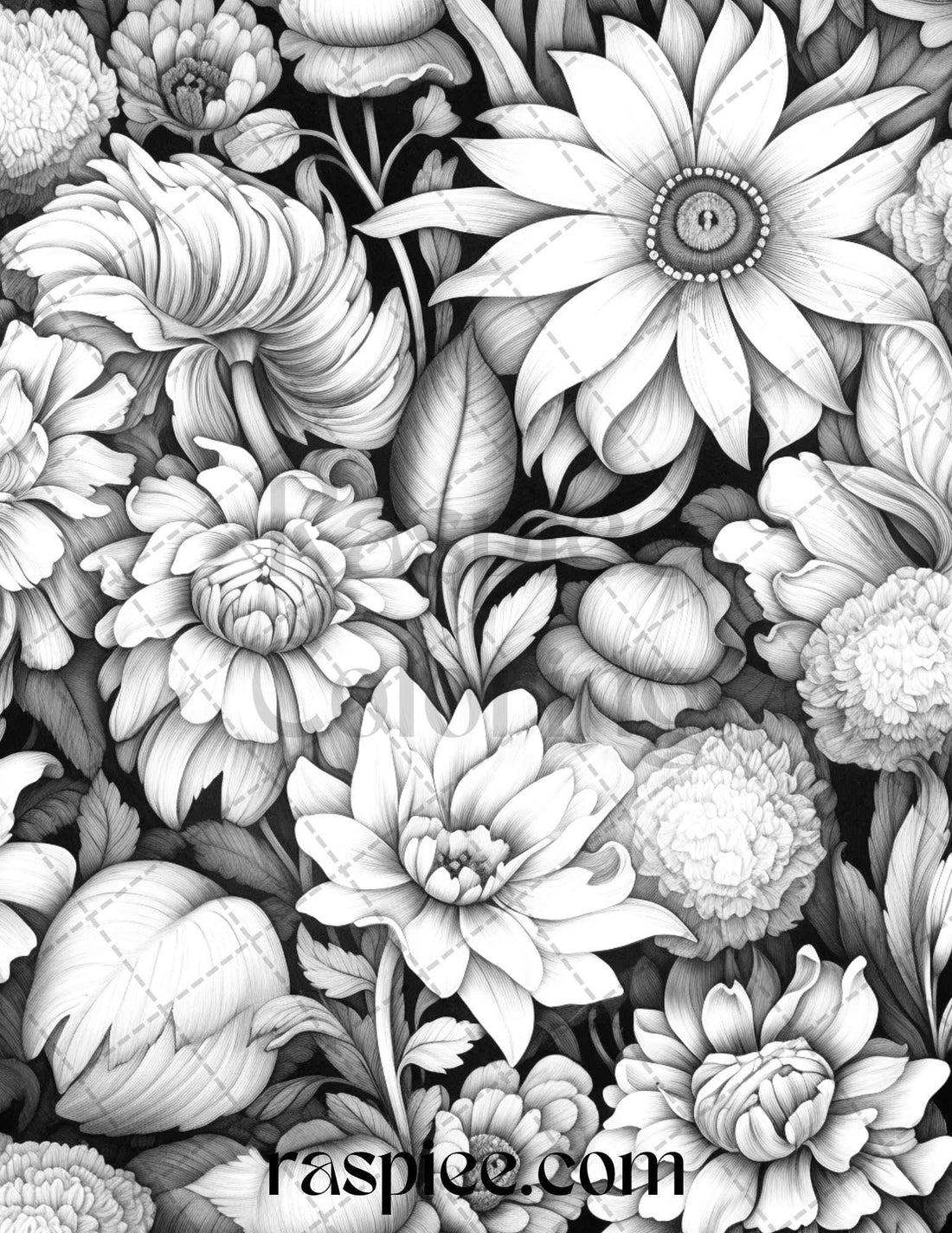 50 Vintage Floral Patterns Grayscale Coloring Pages Printable for Adul