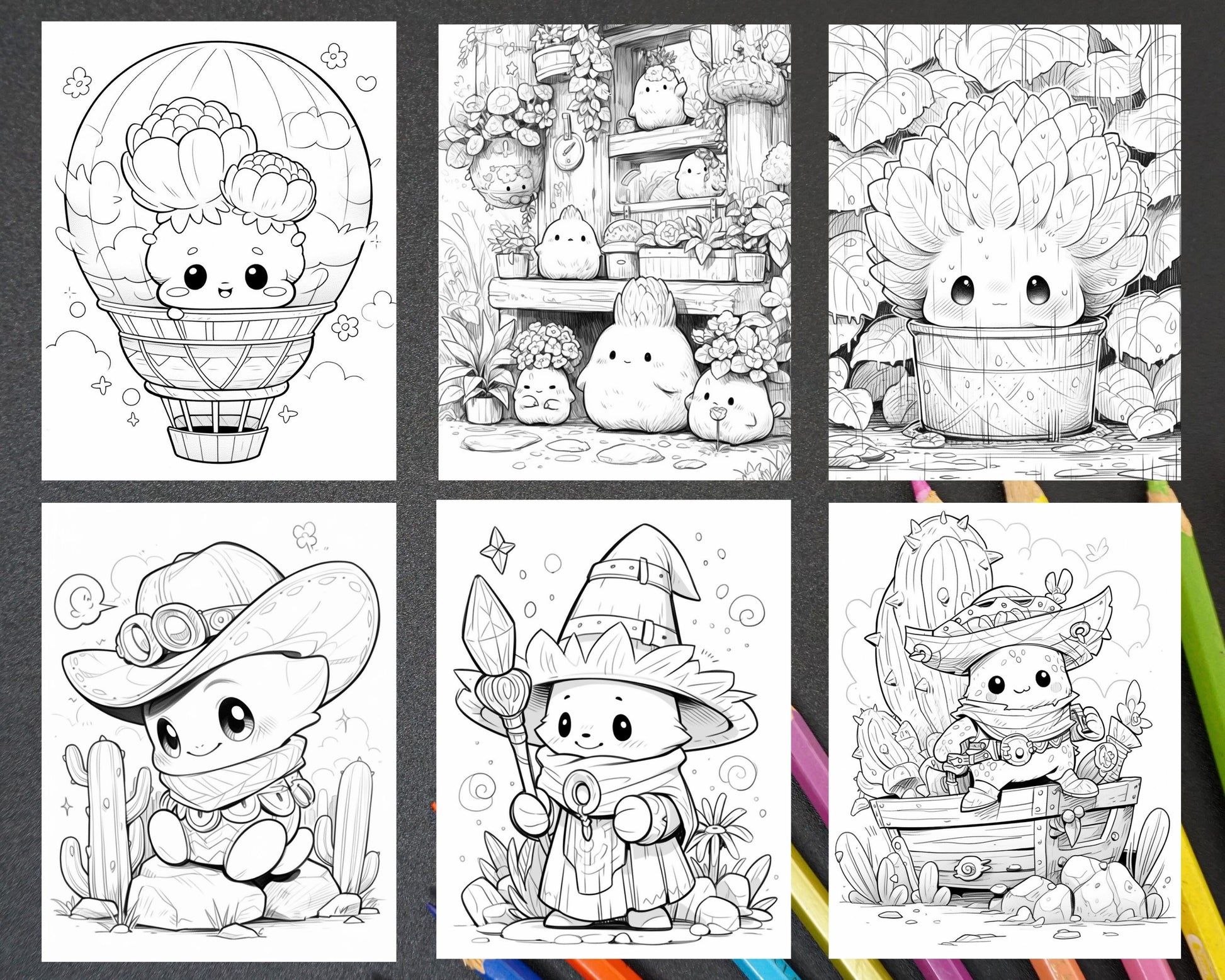 60 Cute Cactus Adventure Grayscale Coloring Pages for Adults