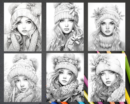 Winter girls grayscale coloring pages, printable adult coloring pages, winter-themed grayscale illustrations, beautiful winter girls artwork, christmas theme coloring, christmas coloring pages for adults