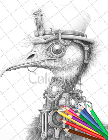 steampunk animals grayscale coloring pages, printable coloring book, adult coloring art, black and white animal art, intricate grayscale designs, animal coloring pages for adults