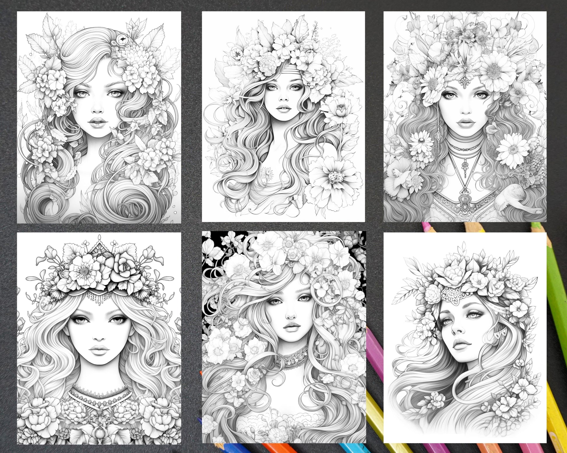 Flower Goddess Coloring Pages, Printable Coloring Pages, Adult Coloring Book, Mindfulness Coloring Pages, Stress Relief Coloring Pages, Art Therapy Coloring Pages