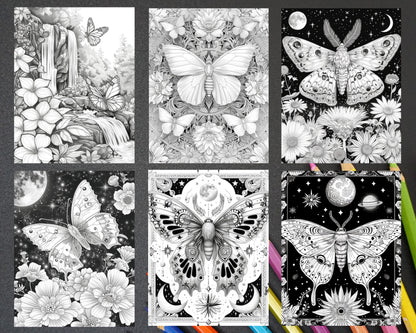 77 Butterflies and Moths Grayscale Adult Coloring Pages, Printable PDF Instant Download - RASPIEE