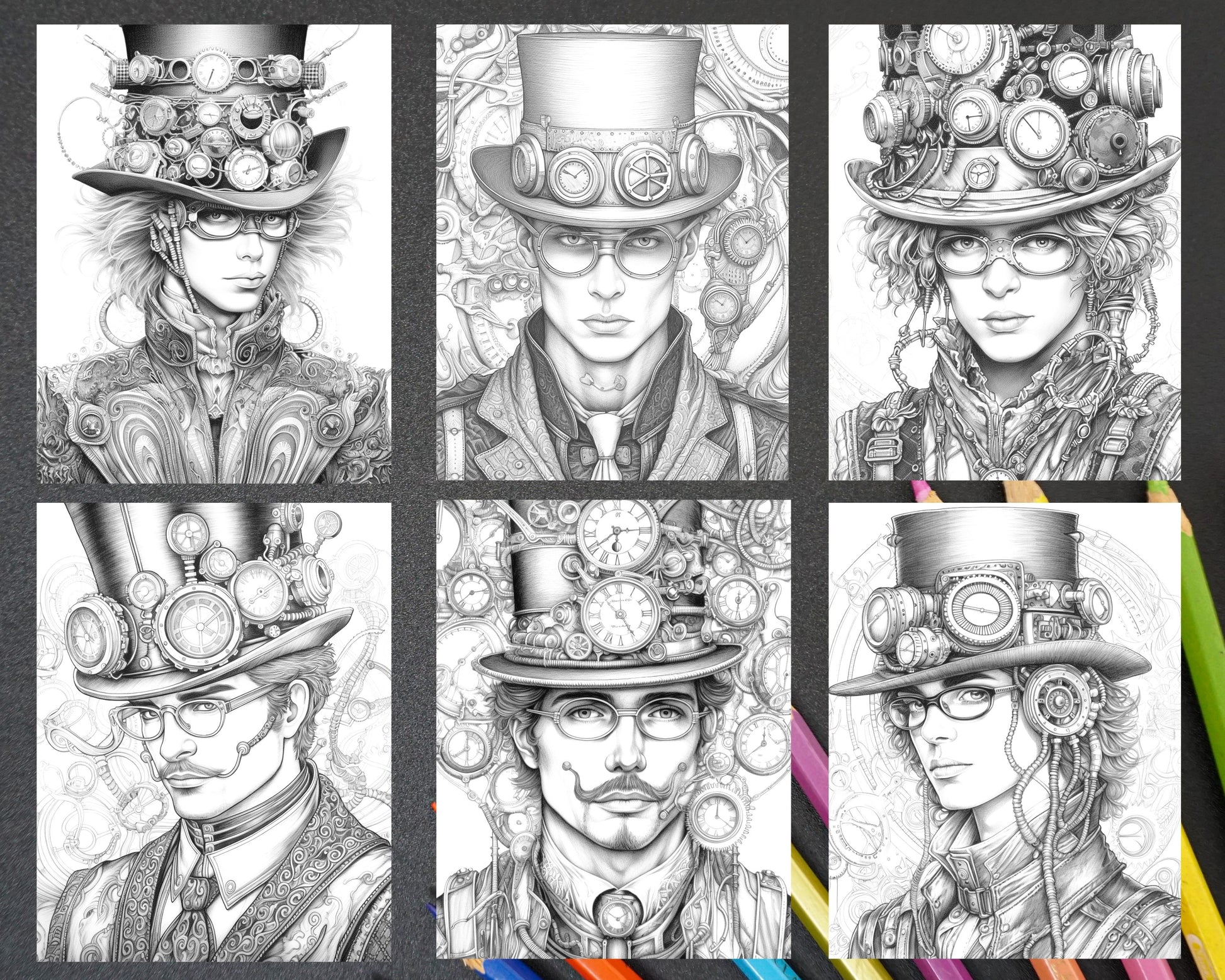 steampunk mens grayscale coloring page, printable adult coloring page - intricate design, detailed grayscale coloring, portrait coloring page