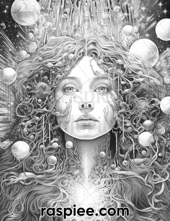 40 Galaxy Queen Sci-Fi & Fantasy Grayscale Coloring Pages for Adults ...