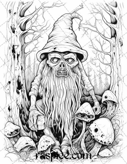Horror Zombie Gnomes Grayscale Coloring Page, Printable Coloring Page for Adults, Halloween Zombie Gnome Coloring, Creepy Grayscale Illustration, Spooky Undead Creatures Coloring