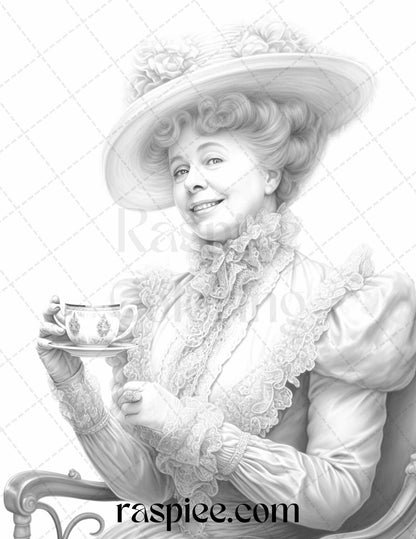 Victorian Grandma Grayscale Coloring Pages, Printable Coloring Pages for Adults, Grayscale Art for Coloring, Vintage Black and White Illustrations, Portrait Coloring Pages for Adults