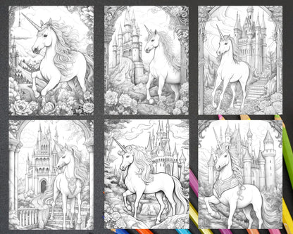 enchanted unicorns grayscale coloring pages, printable coloring pages for adults, unicorn art for coloring, grayscale coloring sheets, stress relief coloring pages