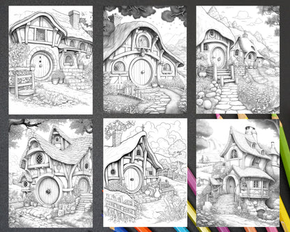 Hobbiton Houses grayscale coloring pages printable, Adult coloring book printable Hobbiton houses, Detailed grayscale coloring pages for adults, Relaxation coloring sheets Hobbiton houses, Printable art for stress relief - grayscale coloring