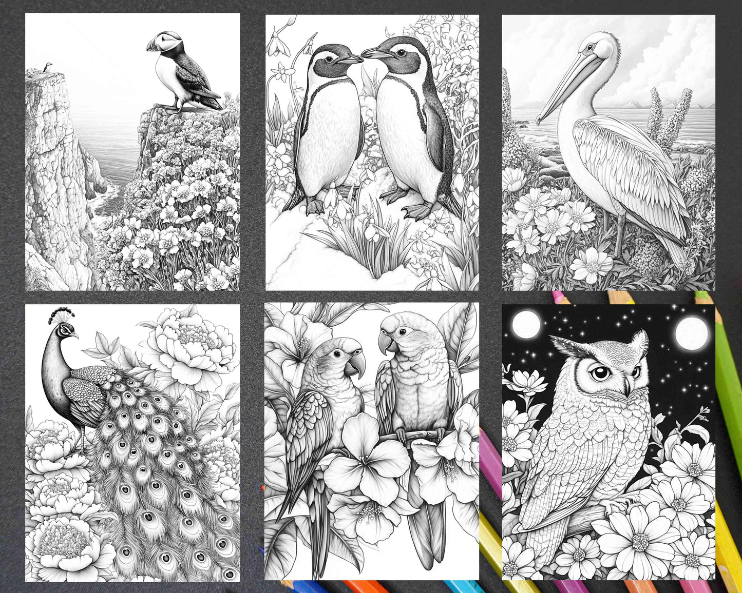 Flowers and Birds Adult Coloring Pages Printable PDF Instant Download - RASPIEE