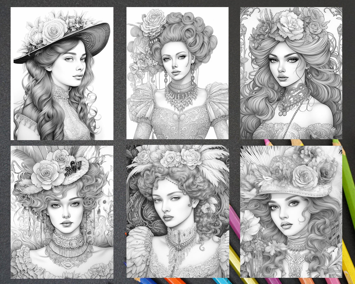 43 Beautiful Victorian Women Grayscale Coloring Pages Printable for Ad