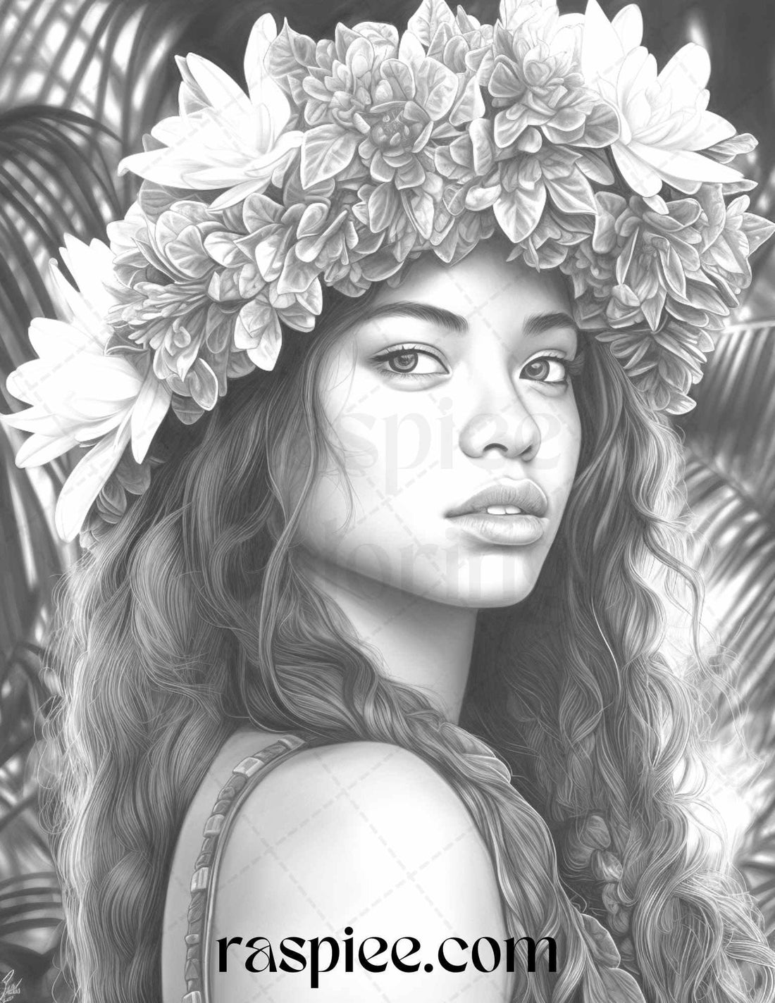 40 Hawaiian Girls Grayscale Coloring Pages Printable for Adults, PDF F
