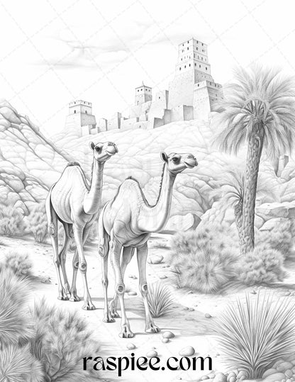 Desert Animals Coloring Pages, Grayscale Wildlife Coloring Sheets, Printable Adult Coloring Book, Stress Relief Desert Wildlife Art, Relaxing Desert Scenes Coloring, Nature-Themed Art Therapy Designs