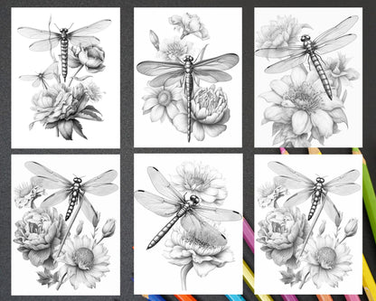 Vintage Botanical Dragonfly Grayscale Coloring Pages Printable, Adult Coloring Book, Relaxation Art, Printable Grayscale Coloring Sheets for Adults