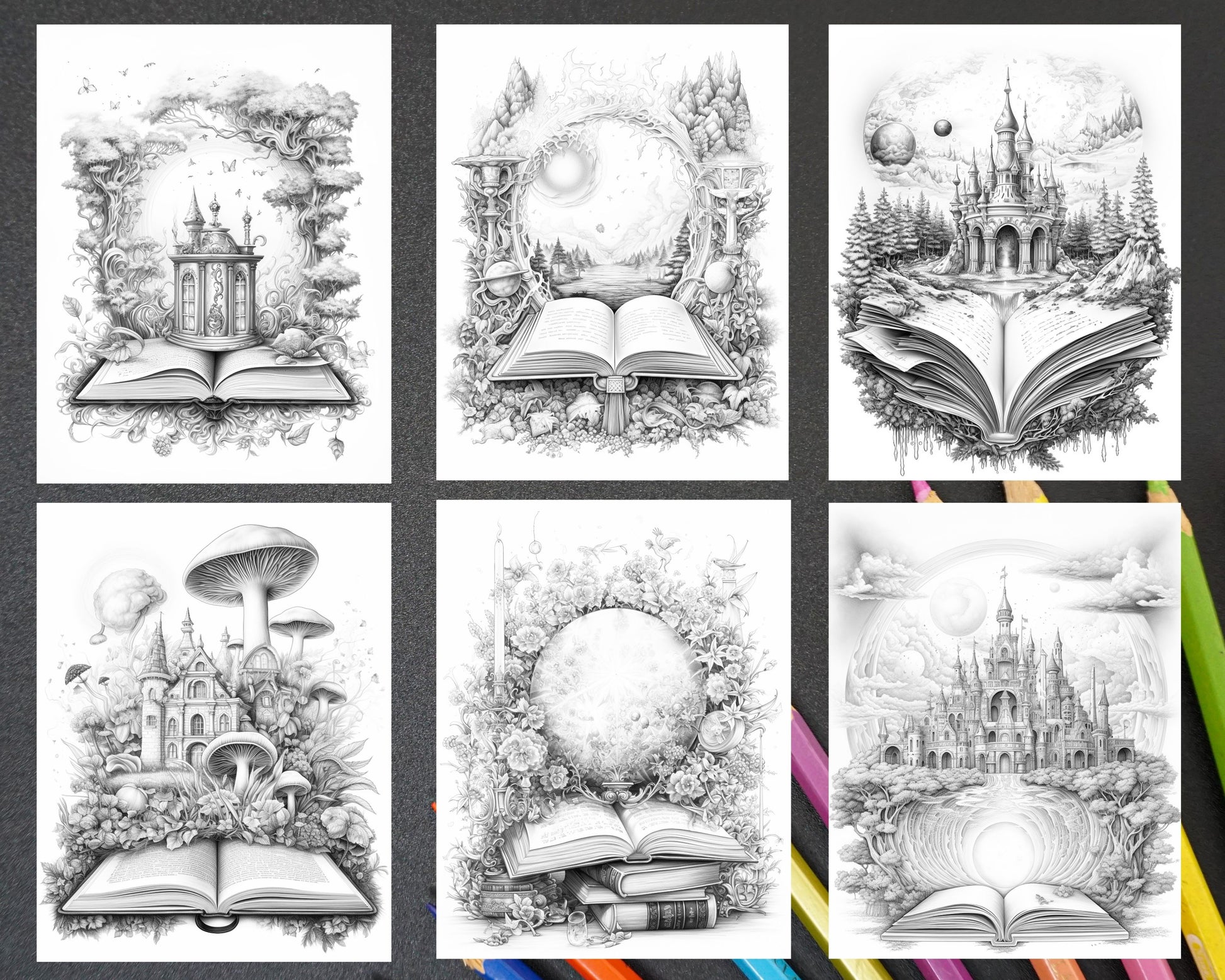 Grayscale Coloring Pages for Adults, Magical Books Coloring Pages, Relaxing Art Therapy for Grown-ups, Printable Art for Stress Relief, Instant Download Coloring Pages, Fantasy Coloring Book for Adults, Enchanting Fantasy Coloring Pages, Coloring Books for Mindful Relaxation