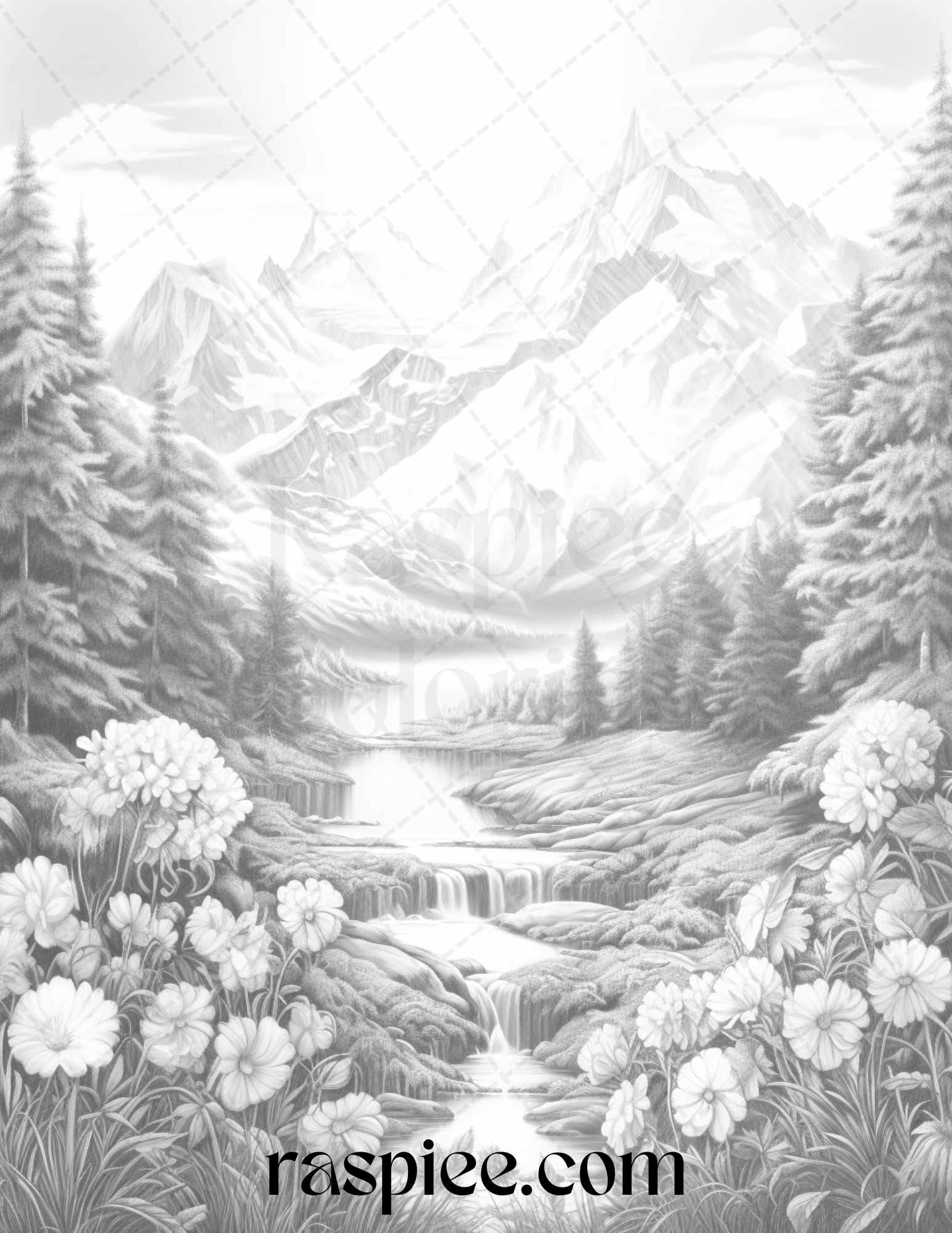 Serene Mountain Flower Landscape Coloring Page for Adults, Grayscale Mountain Flower Illustration for Stress Relief Coloring