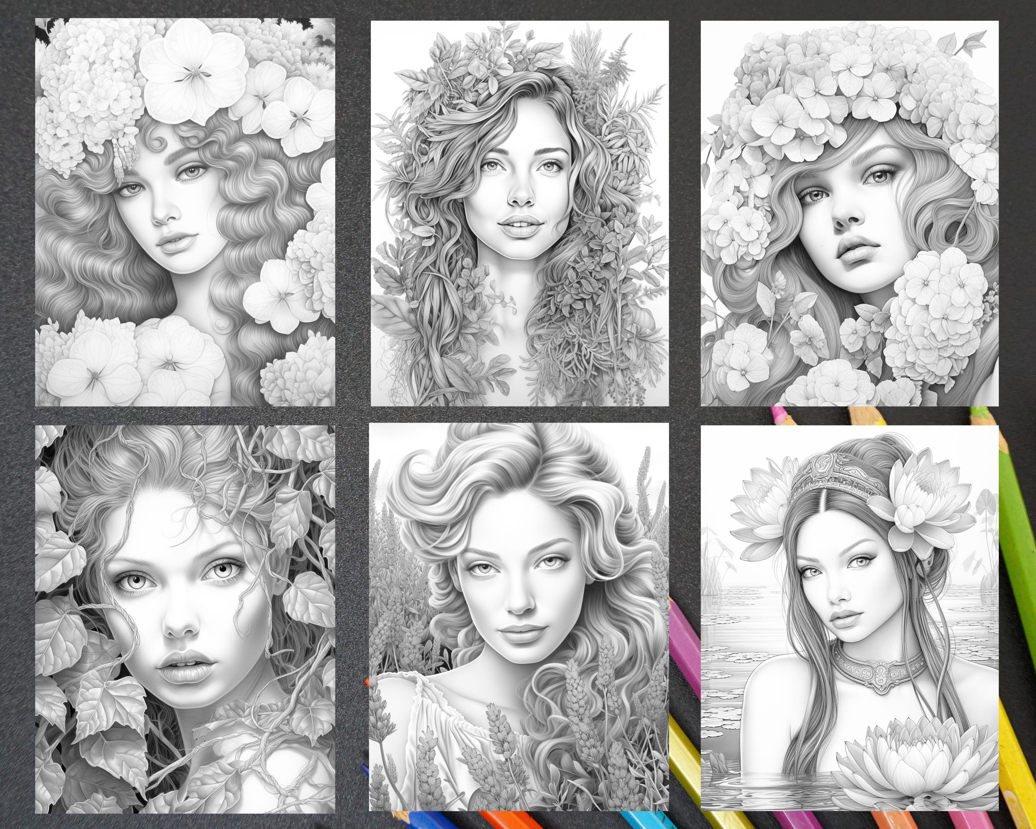 75 Flower Beauties Grayscale Adult Coloring Pages, Printable Pdf Insta 