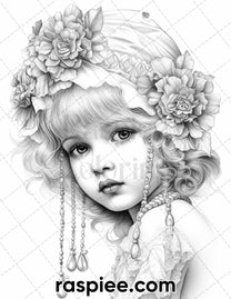 50 Vintage Flapper Baby Girls Grayscale Coloring Pages for Adults, Pri ...