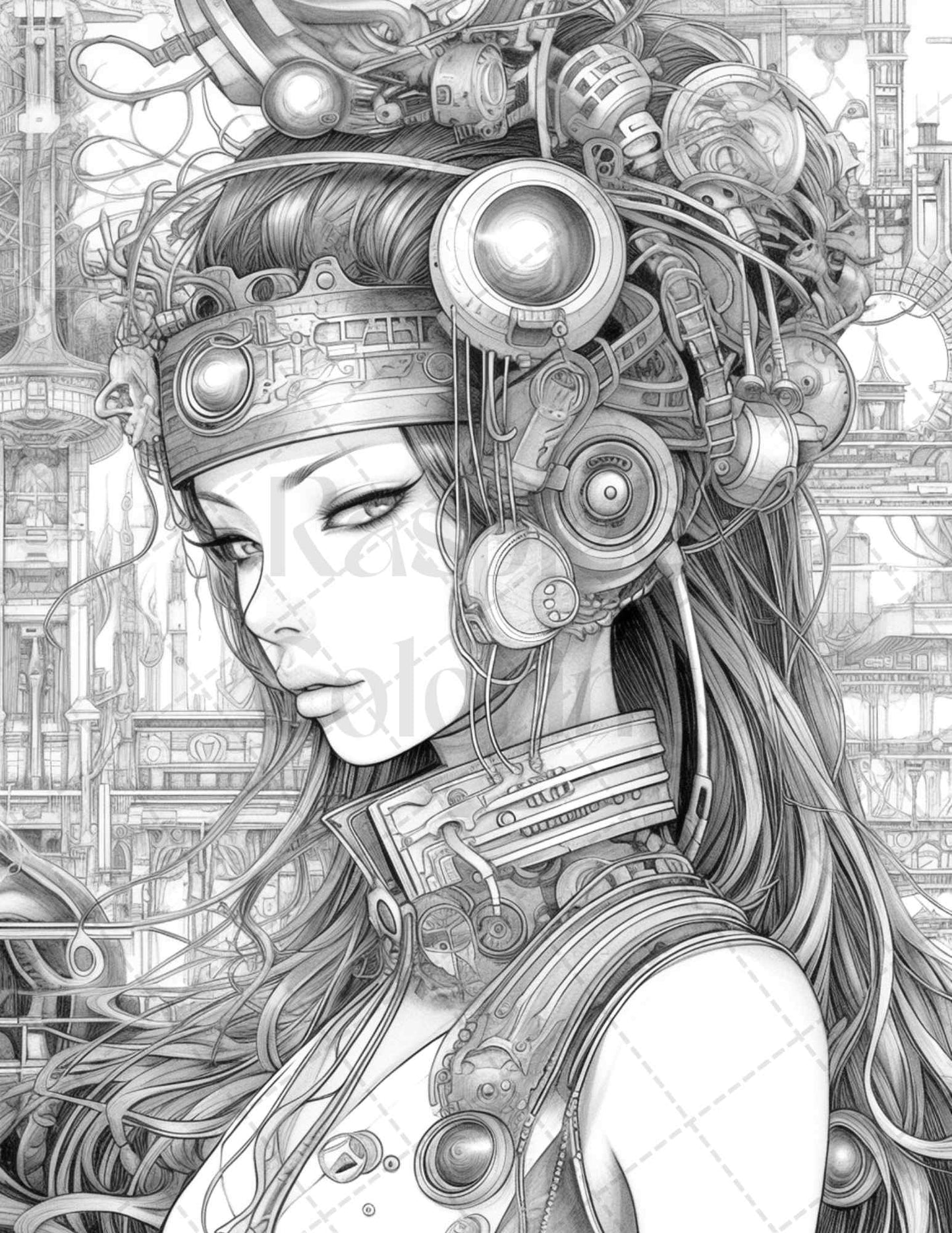 Cyborg girls grayscale coloring pages, printable coloring book for adults, stress relief artwork, unique grayscale illustrations, printable art for creative therapy, portrait coloring pages for adults