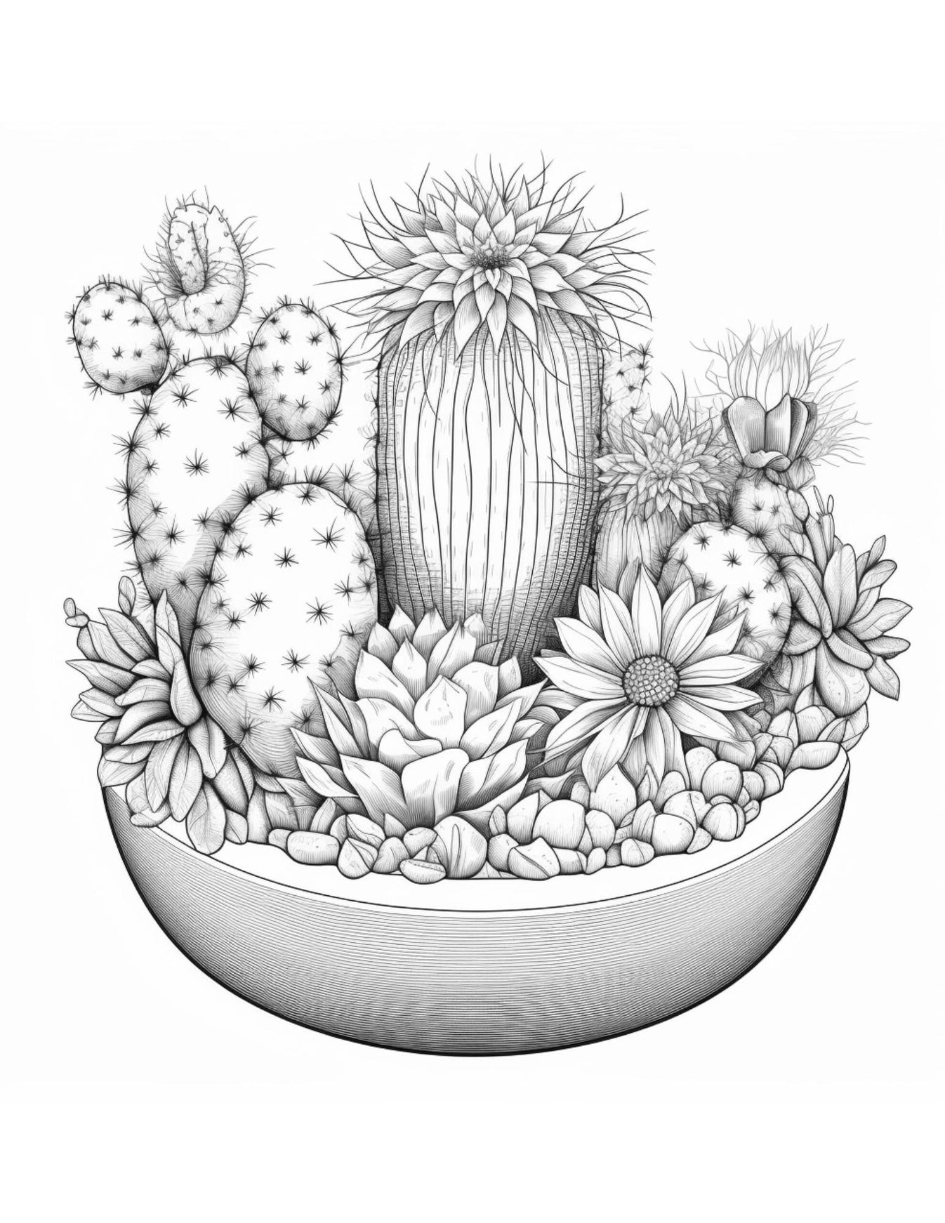 4 Free Printable Cactus Pots Coloring Pages for Adults, Grayscale Colo ...