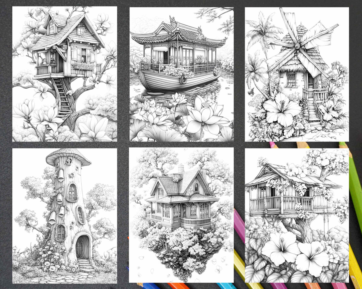 Fantasy Flower Houses Adult Coloring Pages Printable PDF Instant Download