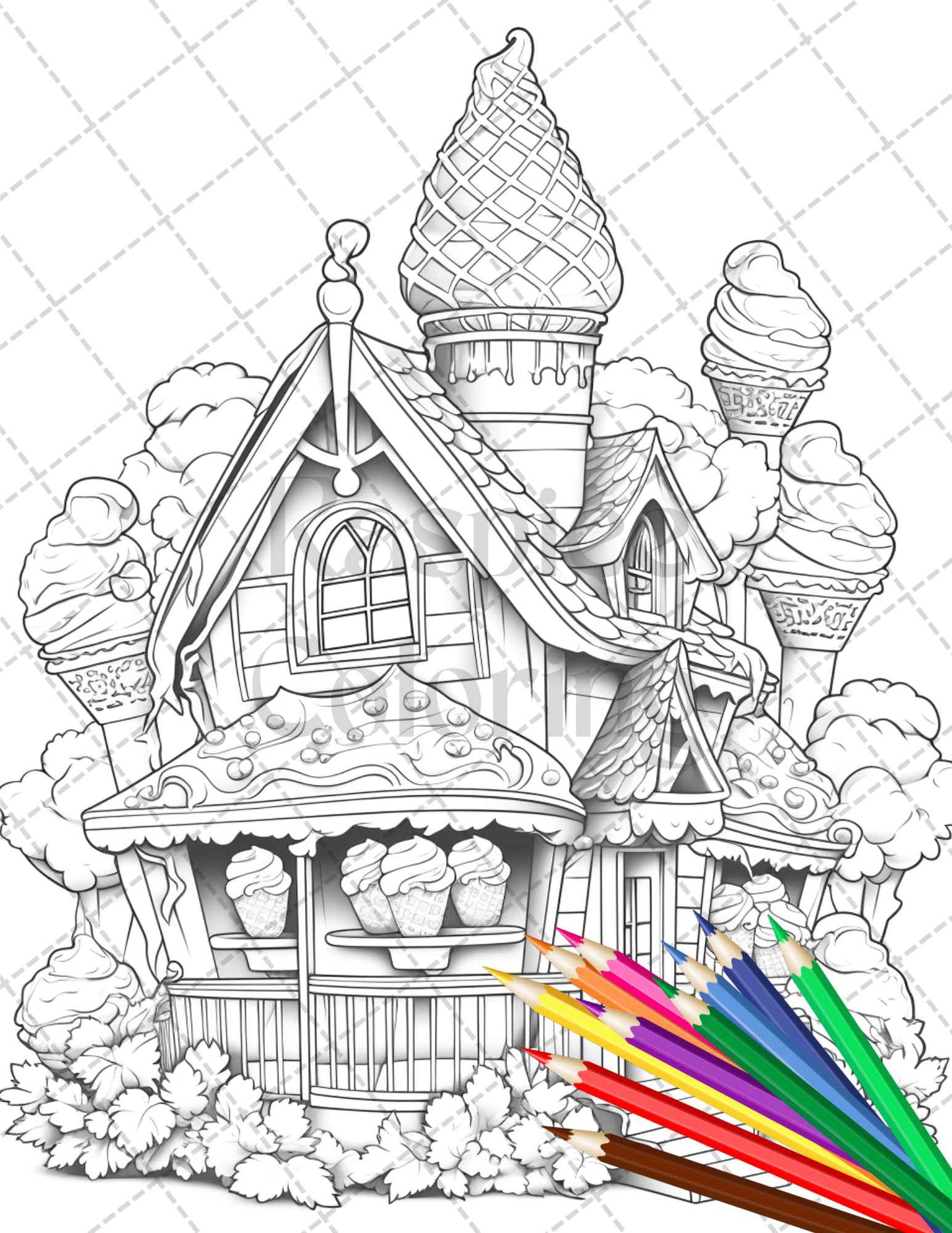 33 Ice Cream Houses Grayscale Coloring Pages Printable for Adults and Kids, PDF File Instant Download - raspiee