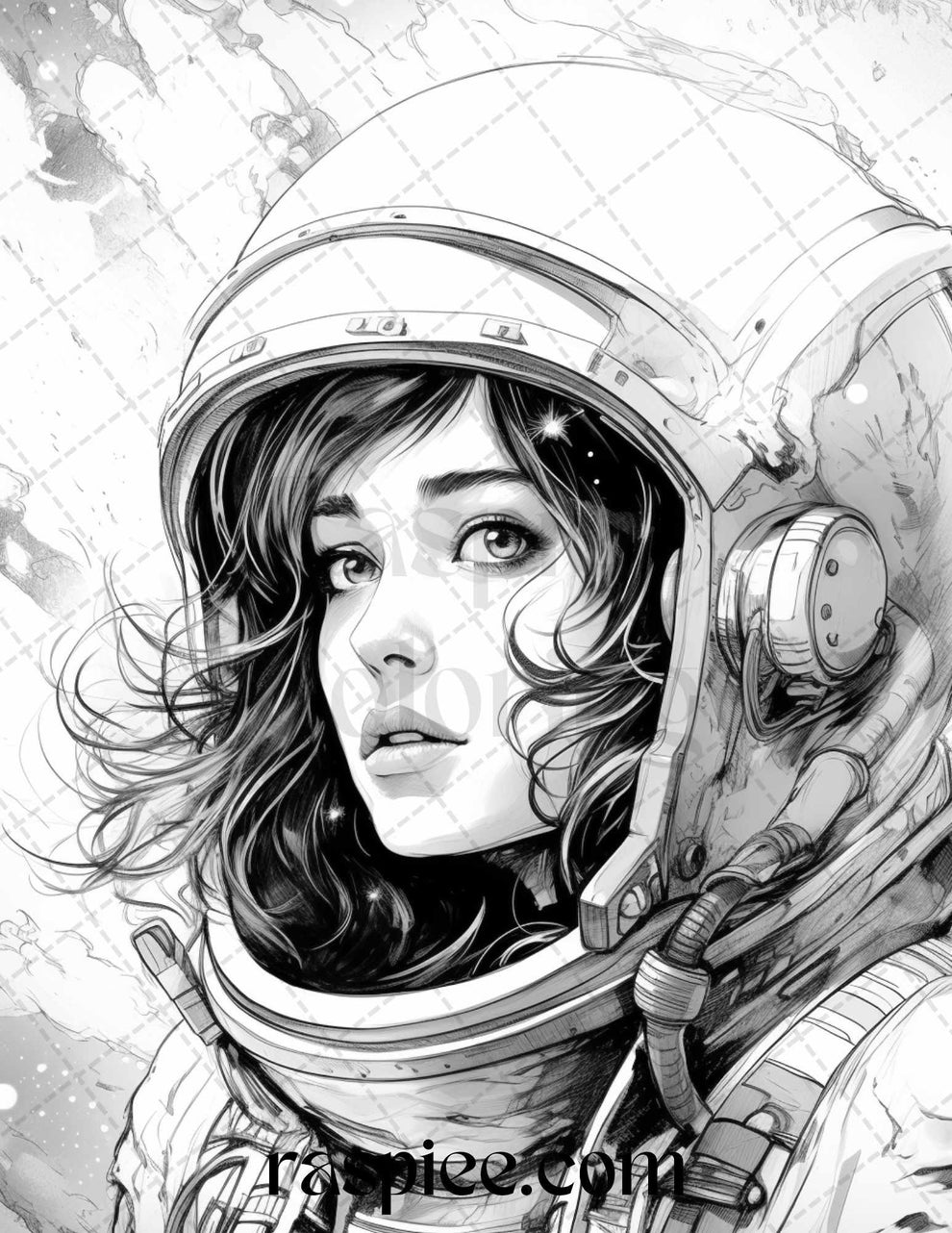 50 Astronaut Girl Portrait Grayscale Coloring Pages Printable for Adul