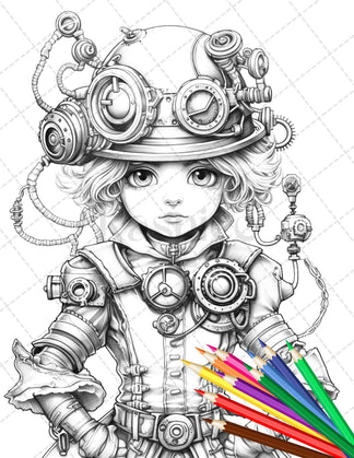 31 Adorable Steampunk Girls Coloring Pages Printable for Adults, Grays ...
