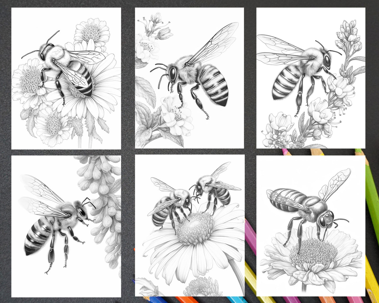 Vintage botanical bee grayscale coloring page for adults, Printable grayscale coloring sheet with detailed botanical illustration, Black and white bee-themed coloring activity for relaxation