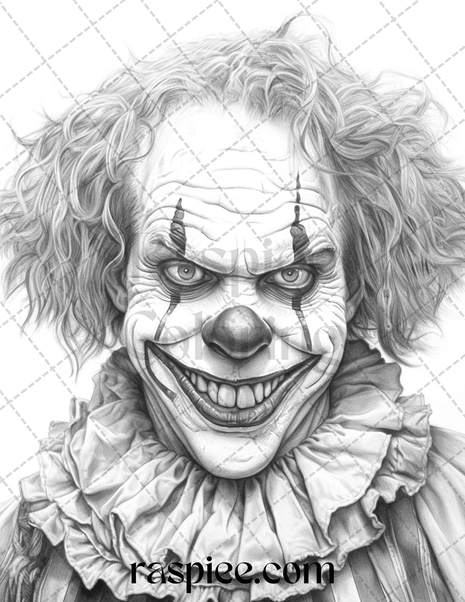 Spooky Clowns Grayscale Coloring Pages Printable for Adults, Halloween-themed adult coloring book, Creepy clown illustrations for grayscale coloring, Haunting black and white coloring pages, Horror-themed printable coloring sheets, Scary clowns coloring for adults, Spooky circus art grayscale printables
