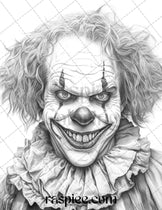 40 Spooky Clowns Grayscale Coloring Pages Printable for Adults, PDF Fi ...