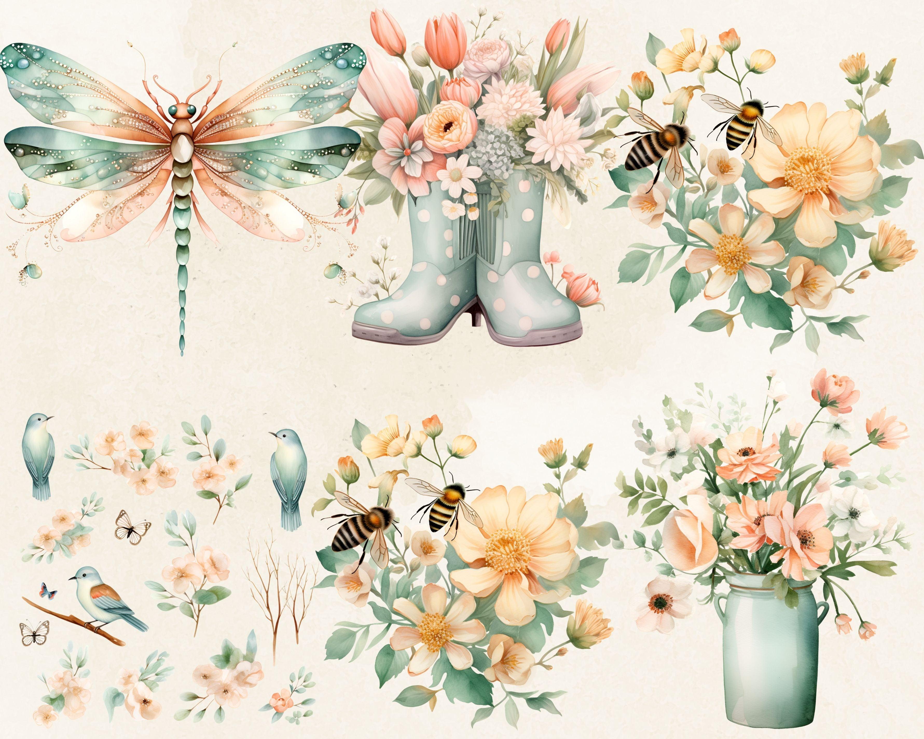 Happy Spring Watercolor Clipart Bundle, 24 PNG High-Res Files for Comm ...