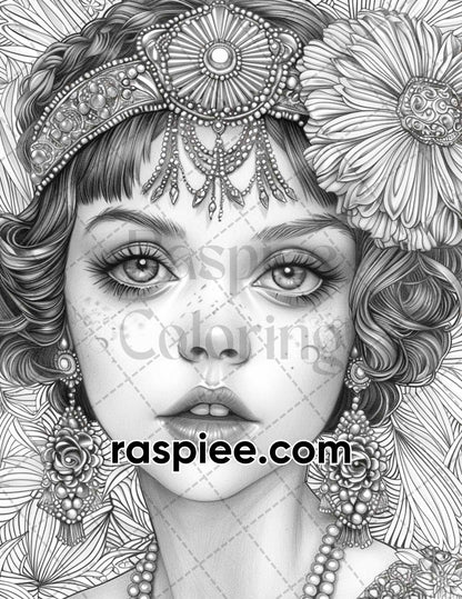adult coloring pages, adult coloring sheets, adult coloring book pdf, adult coloring book printable, grayscale coloring pages, grayscale coloring books, portrait coloring pages for adults, portrait coloring book, grayscale illustration, gatsby women coloring pages
