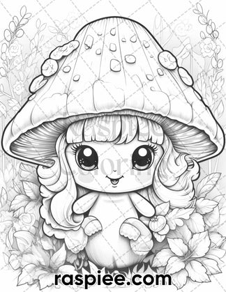 40 Kawaii Mushrooms Grayscale Coloring Pages for Adults, Printable PDF ...