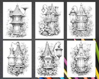 lantern fairy houses grayscale coloring pages, printable coloring pages for adults, grayscale art, fairy house coloring, lantern coloring