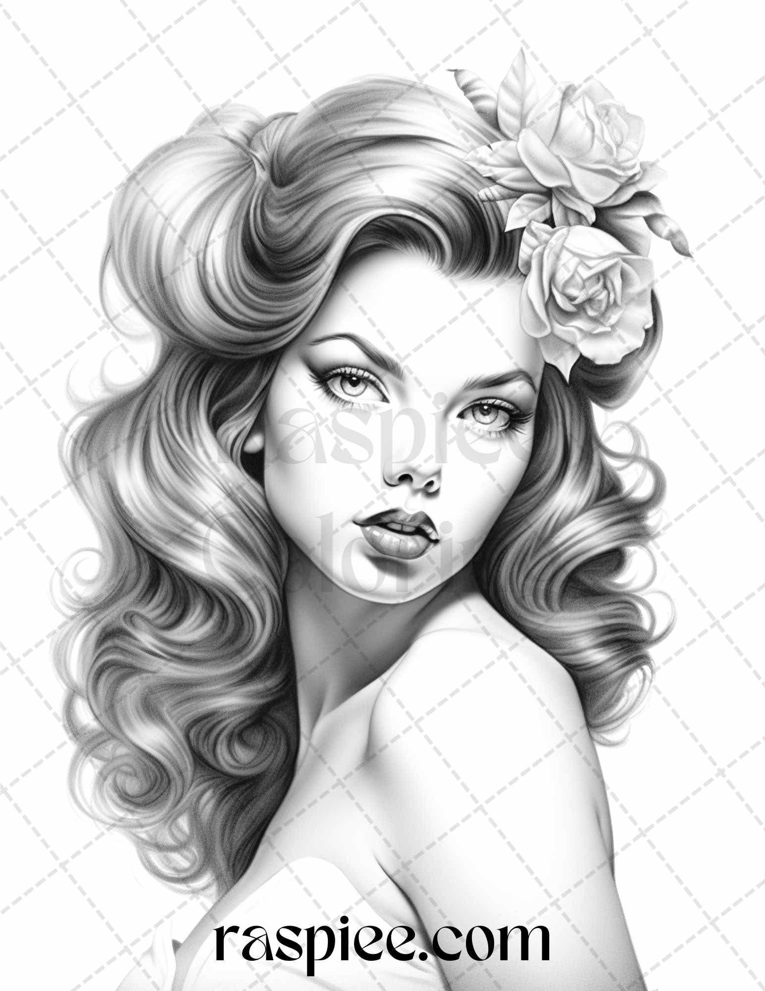 50 Vintage Pin Up Girls Grayscale Coloring Pages Printable for Adults, PDF File Instant Download - raspiee