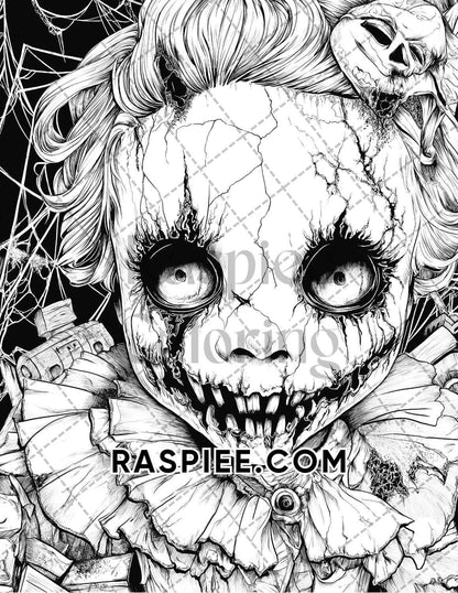 Haunted Dolls Halloween Horror Adult Coloring Pages Printable PDF Instant Download - RASPIEE