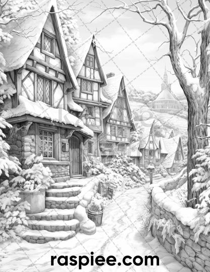 40 Fantasy Winter Village Grayscale Coloring Pages for Adults, PDF File Instant Download