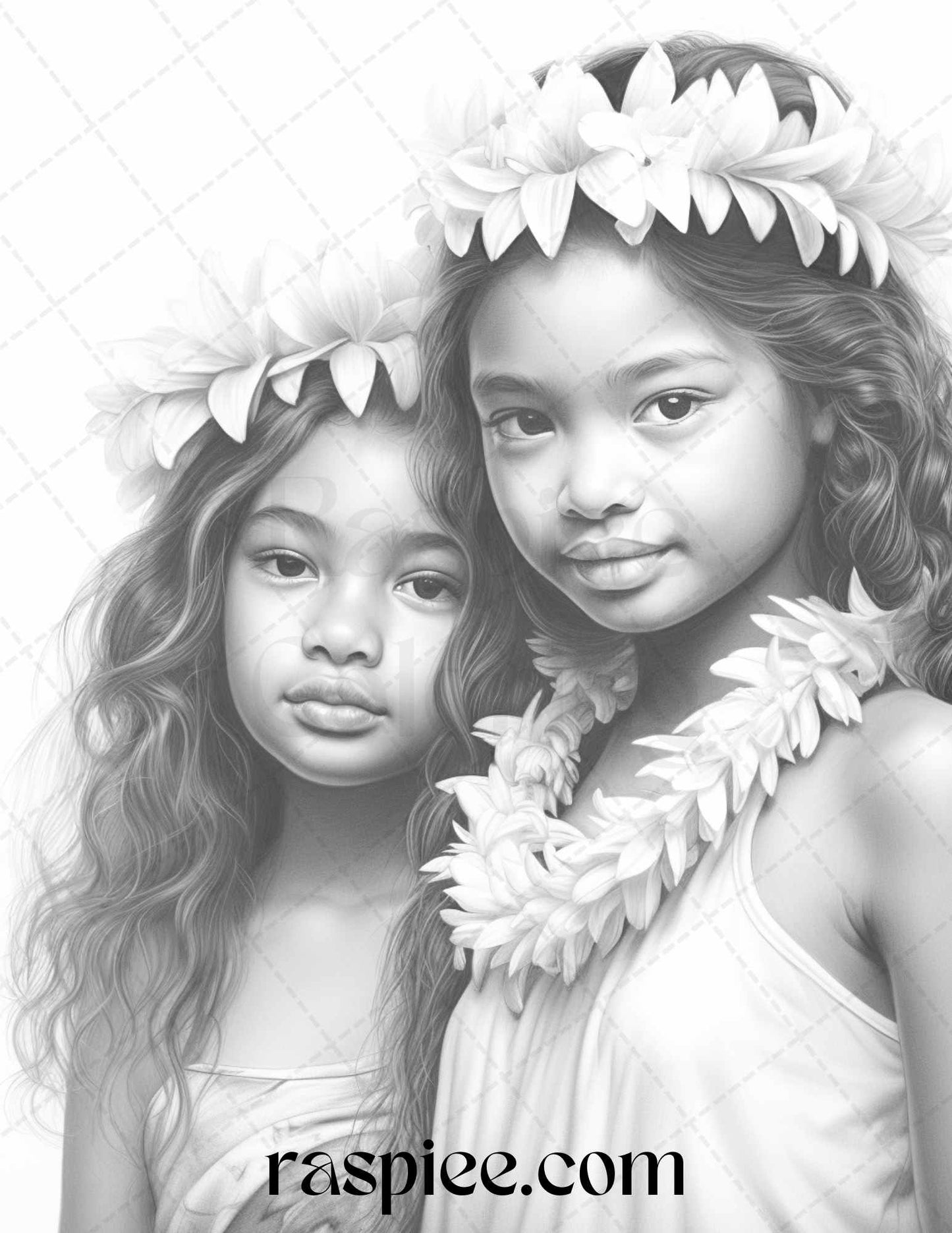 40 Hawaiian Girls Grayscale Coloring Pages Printable for Adults, PDF File Instant Download - Raspiee Coloring