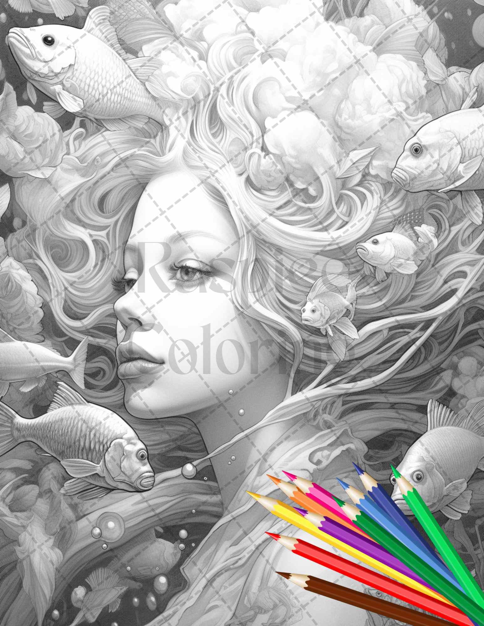 PRINT Tranquil Mermaid Art Pencil Drawing Black and White 