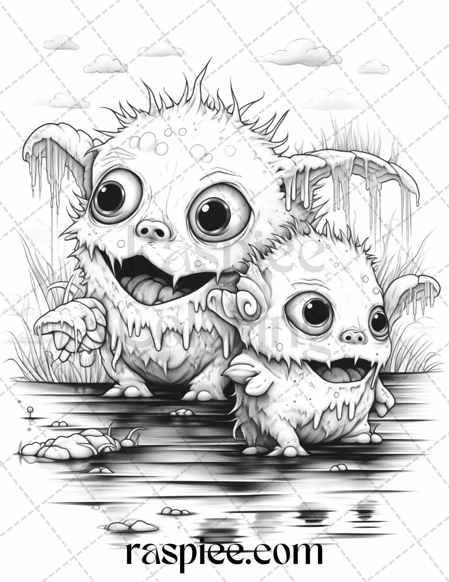40 Halloween Creepy Kawaii Grayscale Coloring Pages for Adults and Kids, Printable PDF File Instant Download