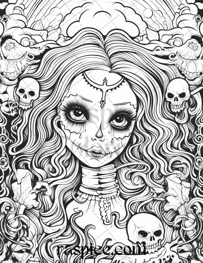 50 Spooky Miss Nightmare Grayscale Coloring Pages Printable for Adults, PDF File Instant Download - Raspiee Coloring